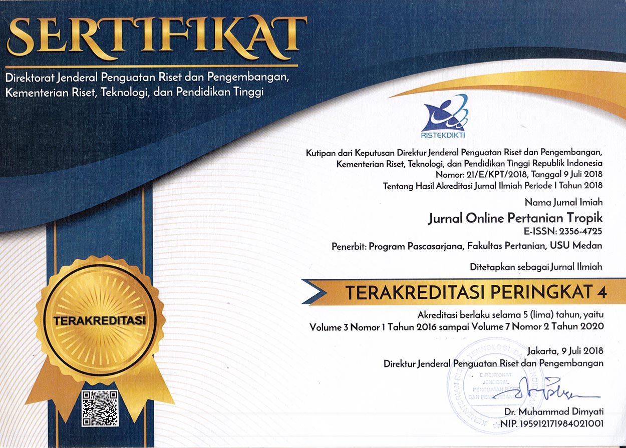 Accreditation Certificate of Jurnal Online Pertanian Tropik - SINTA 4